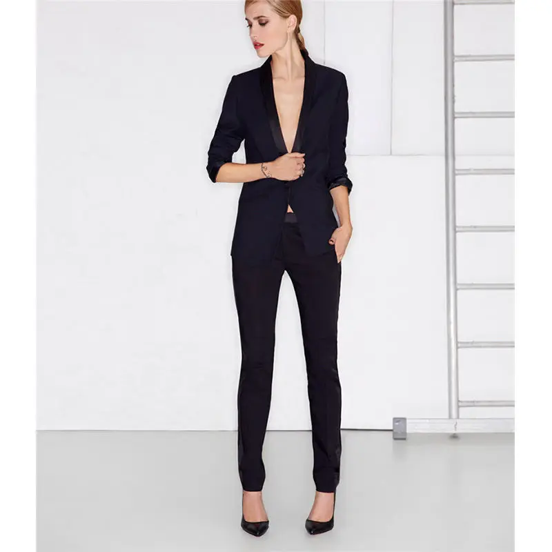 

Black Female Tuxedos Office Uniform Business Work Slim Womens Trouser Suit Custom Made B110
