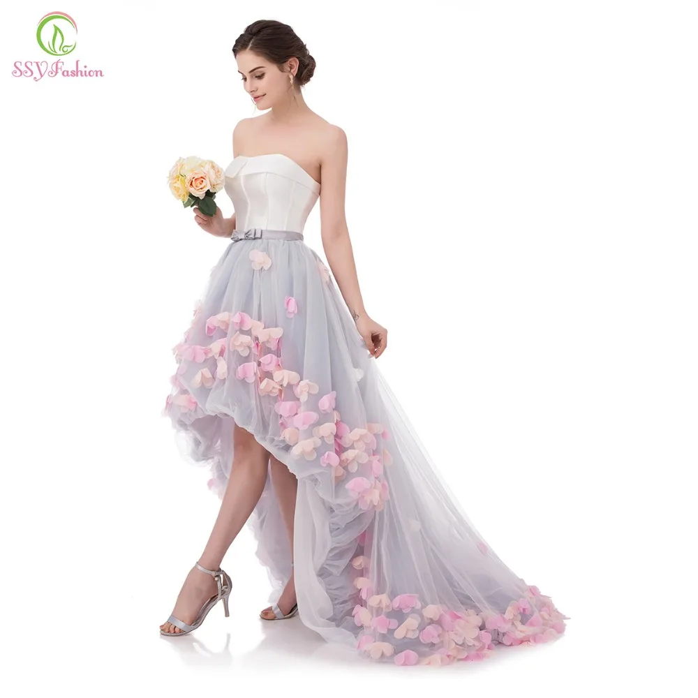 SSYFashion, сексуальное, без бретелек, без рукавов, короткое, спереди, длинное, сзади, кружевное, с цветами, вечернее платье, для невесты, банкета, Формальное, для вечеринки, платья