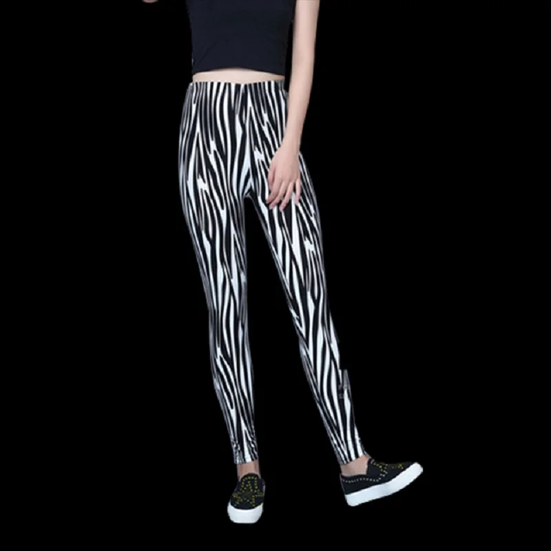 Women Black White Leopard Fashion Digital Printing graffiti Stretch Leggings Splicing Nine Pants Slim Skinny Trouse | Женская одежда