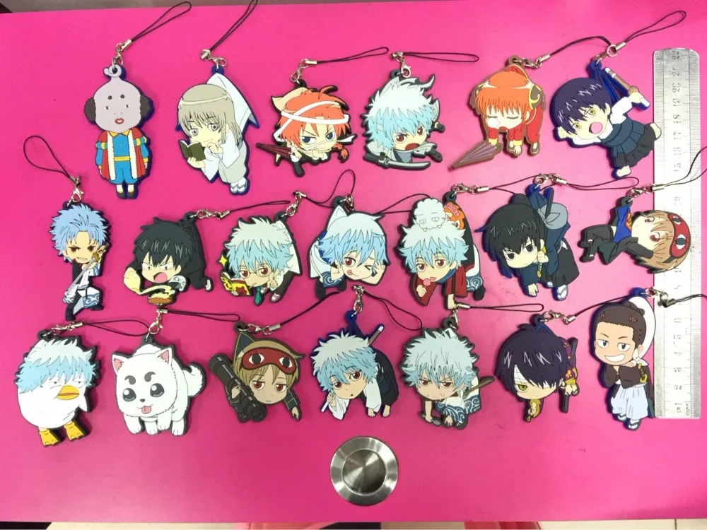 

20pcs/lot Gintama Anime keychain Sakata Gintoki Toushirou Kagura Shimura Shinpachi Okita Sougo Rubber strap/mobile phone charm