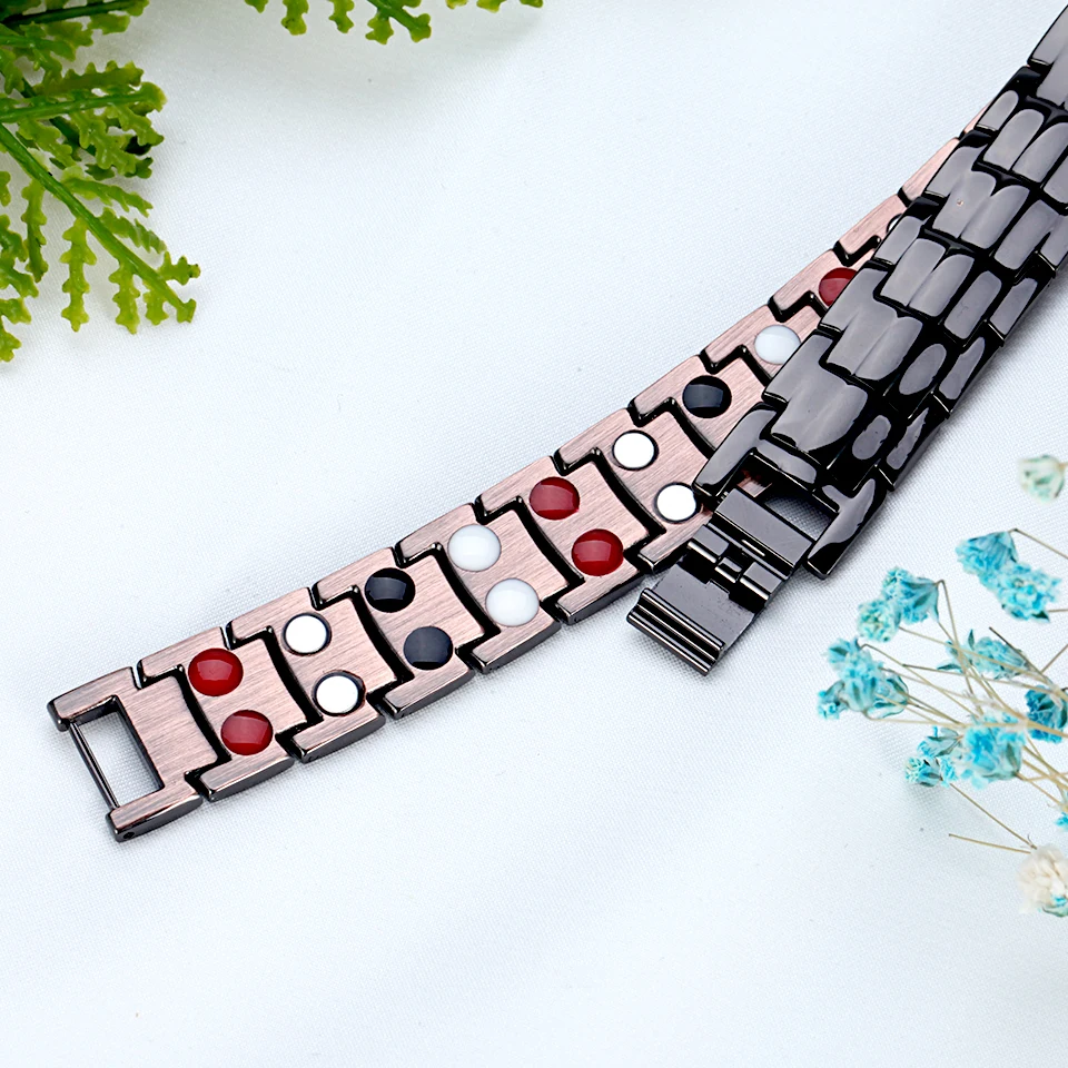 

RainSo Men Bracelet Health Double Row Magnetic, FIR, Negative Ion, Germanium Classic Black Copper Bracelets Arthritis Homme 2019