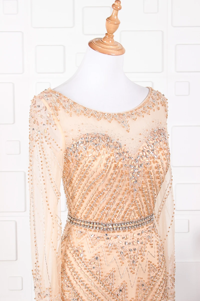 JANCEMBER vestido de gala, украшенный бусинами и кристаллами, длинный рукав, иллюзия, круглый вырез, со шлейфом, В Стиле Русалка, органза, Новые вечерние длинные платья