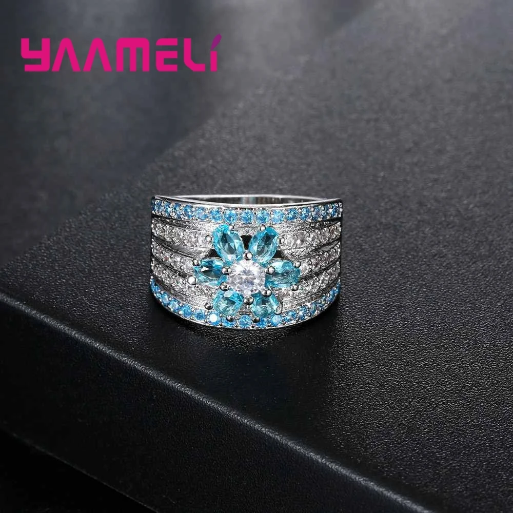 Brand Blue Stone Ornament With White Crystal Flower Shape 925 Sterling Silver Rings For Women Christmas Present | Украшения и