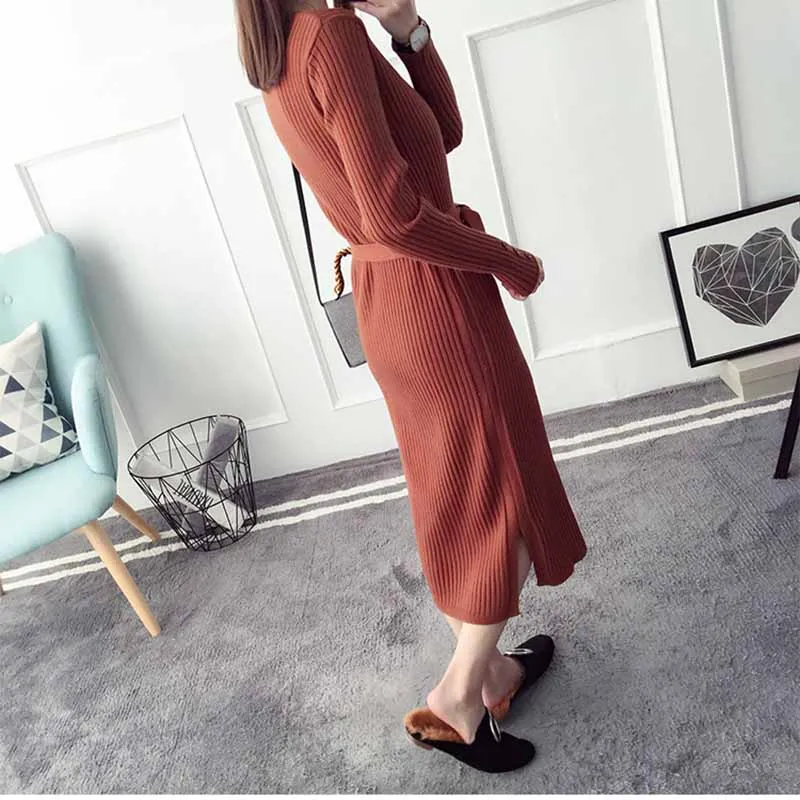 Женское трикотажное платье-свитер эластичное платье-пуловер с V-образным вырезом