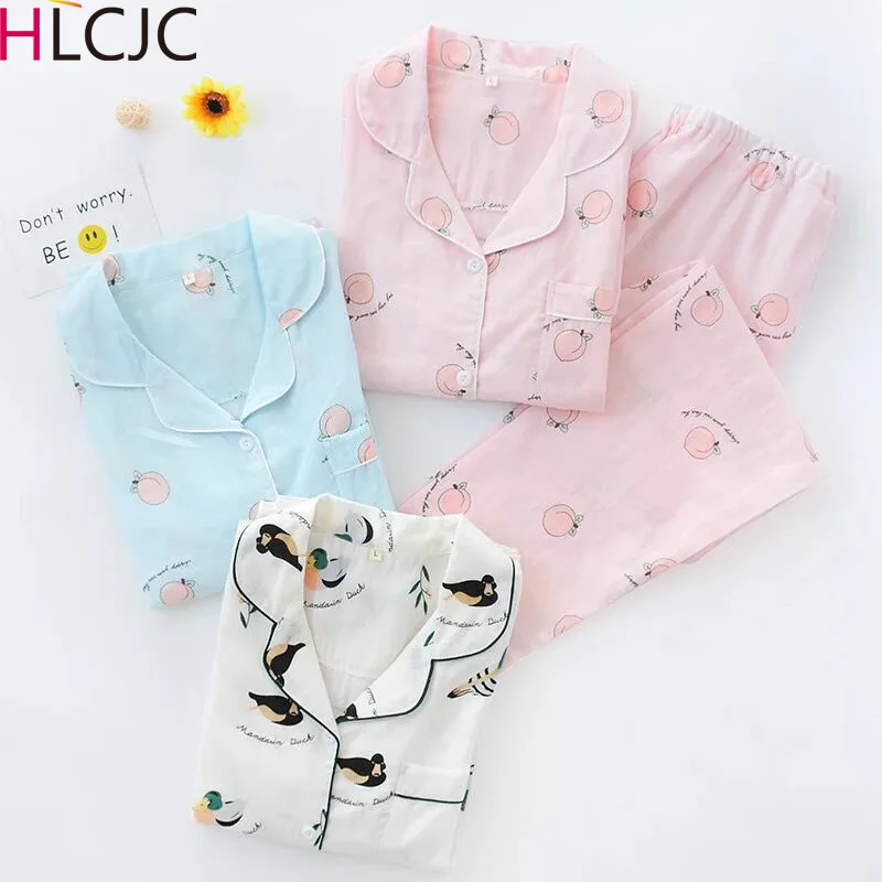 Женский пижамный комплект с длинным рукавом 100% хлопок двухслойная газовая