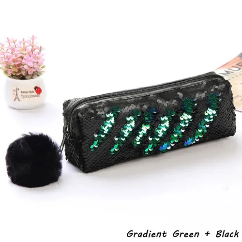 Green plus black Милый чехол-карандаш с блестками для девочек, школьные принадлежности, чехол-карандаш с помпоном, школьные канцелярские принадлежности, подарок, милый пенал, чехол-карандаш - Цвет: Green plus black