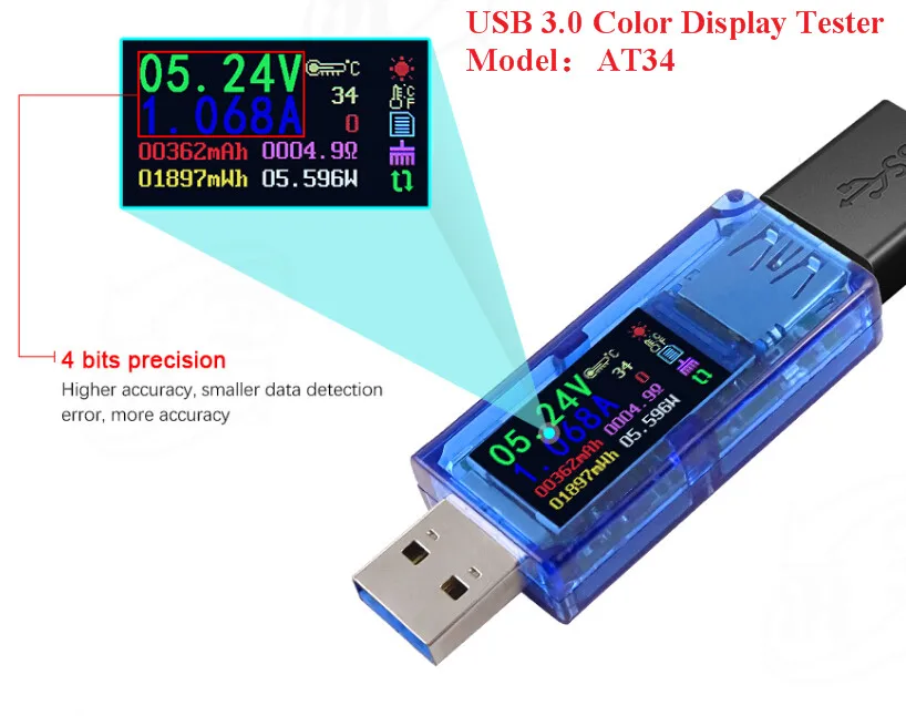 AT34 USB 3 0 цветной ЖК Вольтметр Амперметр Напряжение измеритель тока мультиметр