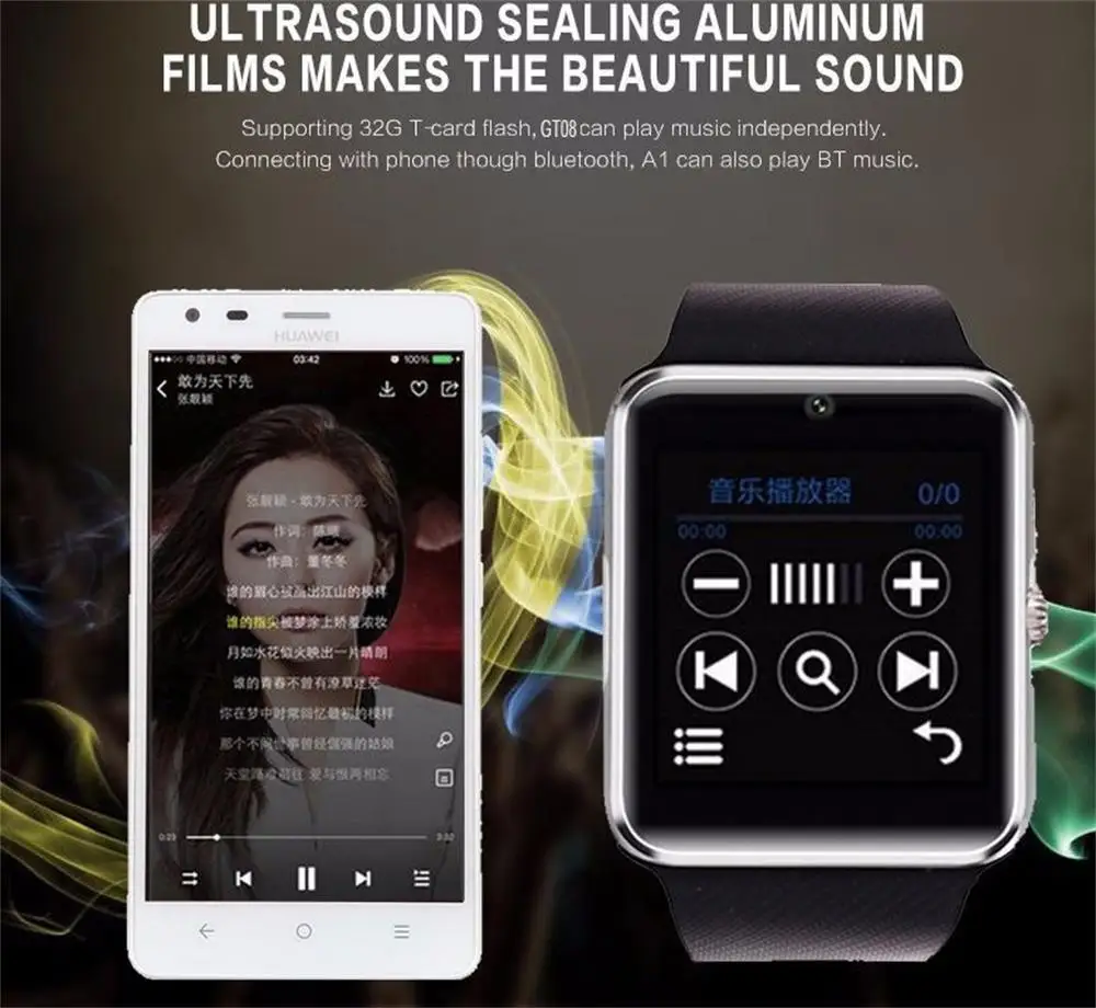 Hixanny Bluetooth SmartClock GT08 часы с слотом sim-карты Push Message подключение Android и IPhone Smartwatch |