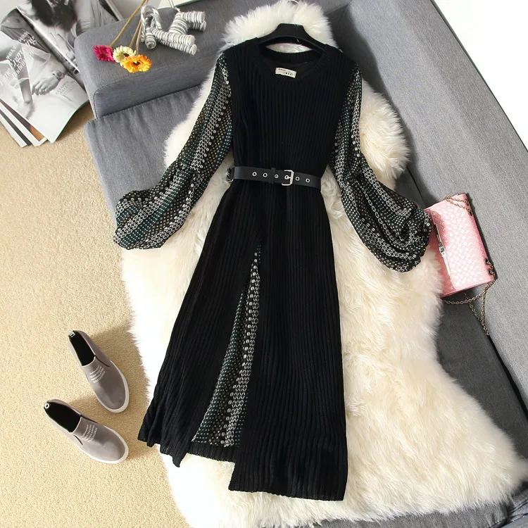 Мода костюм платье 2018 Новый осень и зима вязаный свитер сплит длинное с принтом