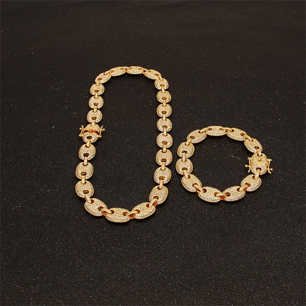 Gold(White CZ) CY& CM 13 мм мужские хип-хоп кофейные бобы с фианитами в микро-паве морской звено ожерелье браслет ювелирный набор золотой серебряный кубический цирконий пышная цепь - Окраска металла: Gold(White CZ)