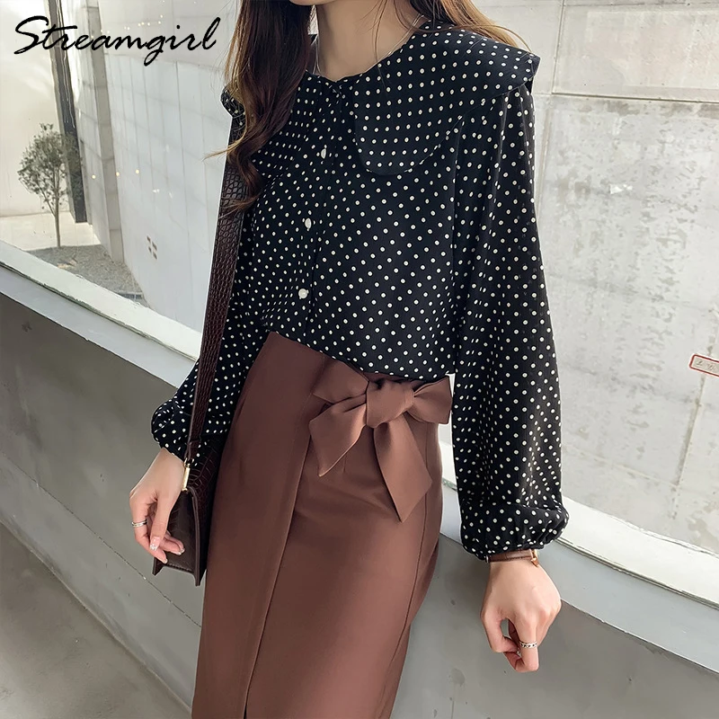 Женская блузка в горошек белая с принтом большого размера|Блузки| |