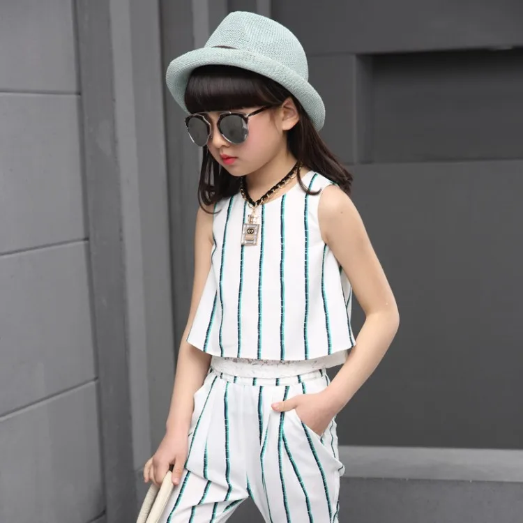 Модный шифоновый комплект с жилетом в Вертикальную Полоску для девочек на лето