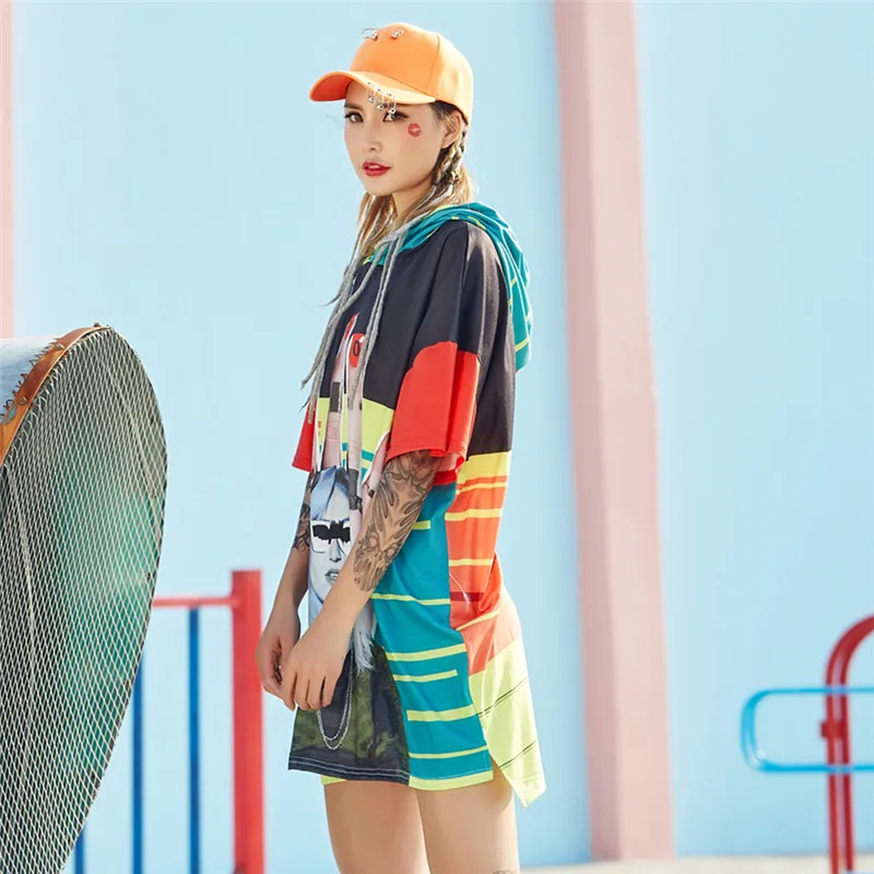 Женская футболка с капюшоном черная длинная в стиле хип-хоп | одежда