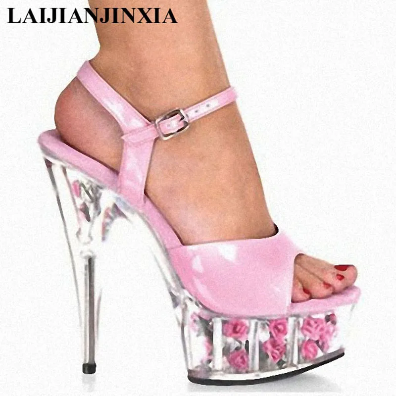 

LAIJIANJINXIA прозрачные модные розовые туфли на высоком каблуке 15 см танцевальные сандалии принцессы 6 дюймов экзотические сексуальные туфли с цветами и кристаллами