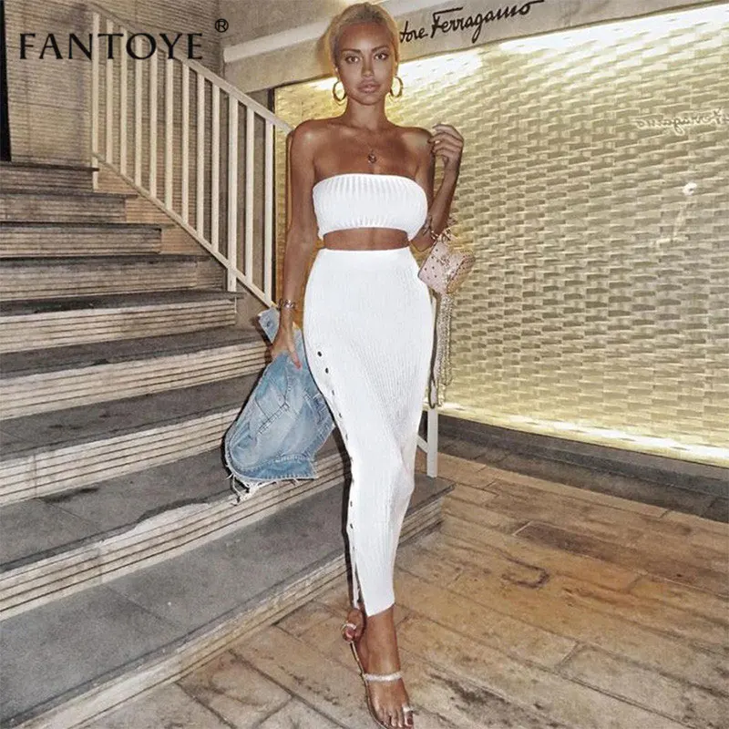 White Fantoye, без бретелек, без рукавов, комплект из 2 предметов, ребристые, сексуальные, высокая талия, на пуговицах, раздельные, длинные, облегающие, женские наряды, рождественские, женские наборы - Цвет: White