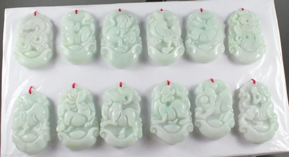 

A group of Pure natural jadeite hand-carved Chinese zodiac pendants necklace
