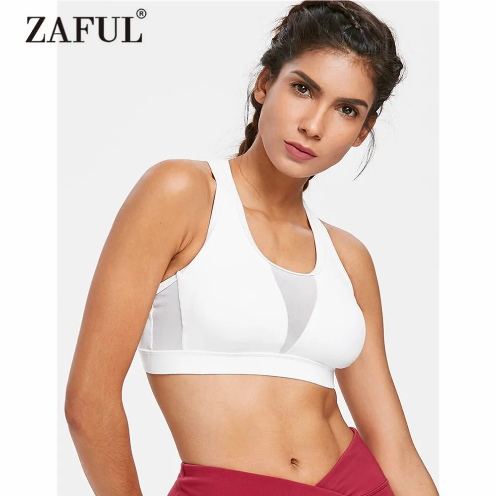 ZAFUL Cut Out Sports Bra Athletic Racerback Running Mesh Panel Full Cup Gym Fitness Women Padded Vest Yoga Tops | Спорт и