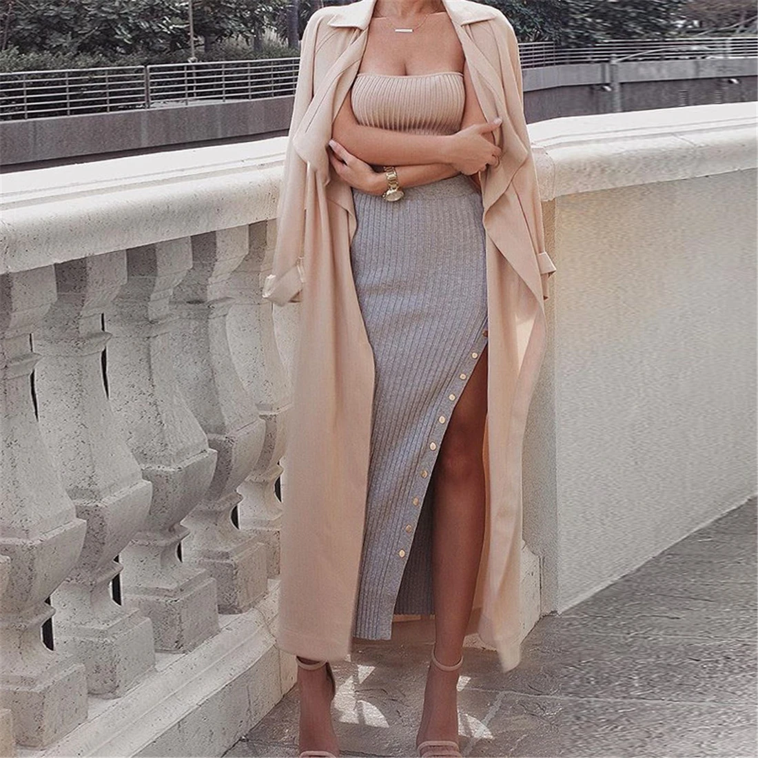 Сексуальные женские длинные юбки с разрезом и пуговицами прямые юбки-карандаш