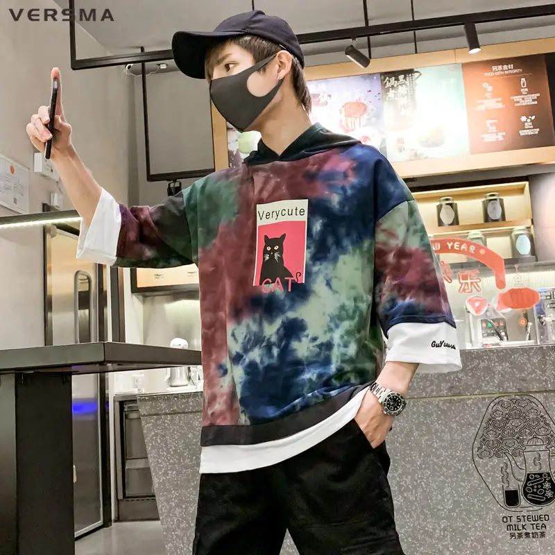 VERSMA, Корейская, Harajuku, с капюшоном, камуфляжная, с рисунком кота, футболка, мужская, летняя, хип-хоп, Swag, уличная, свободная, фальшивая, из двух частей, футболка для мужчин