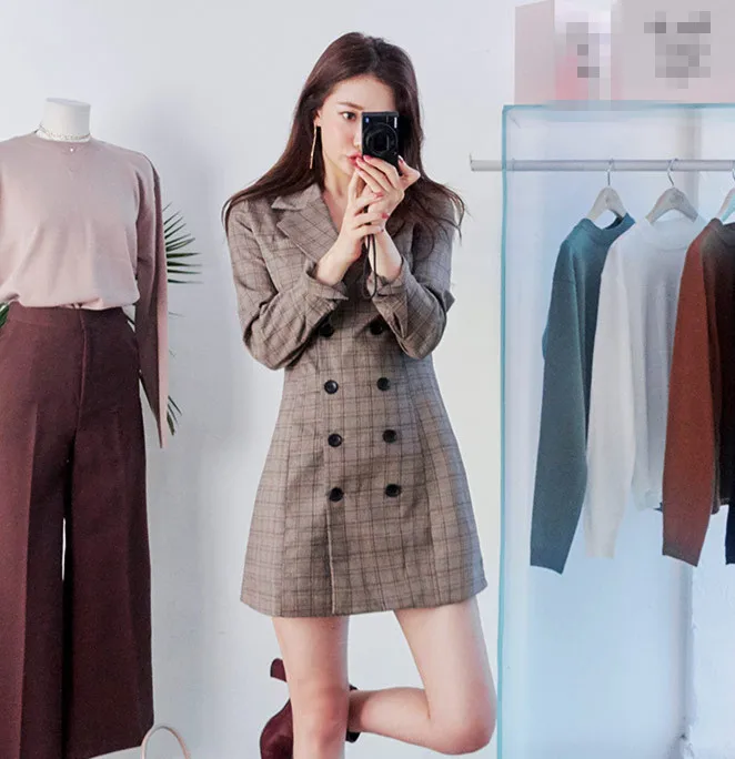 Новинка 2018 Осеннее женское платье Блейзер в клетку с длинным рукавом