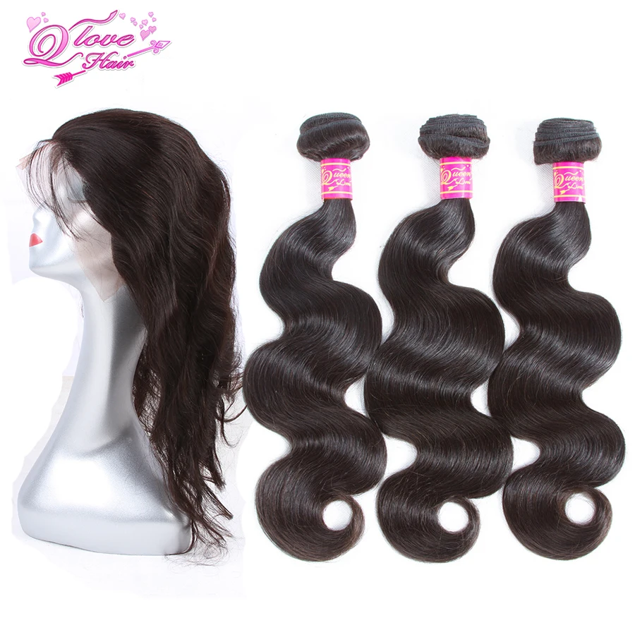Queen Love Hair 360 кружевное фронтальное закрытие с пучком перуанская волна тела 3 пучка