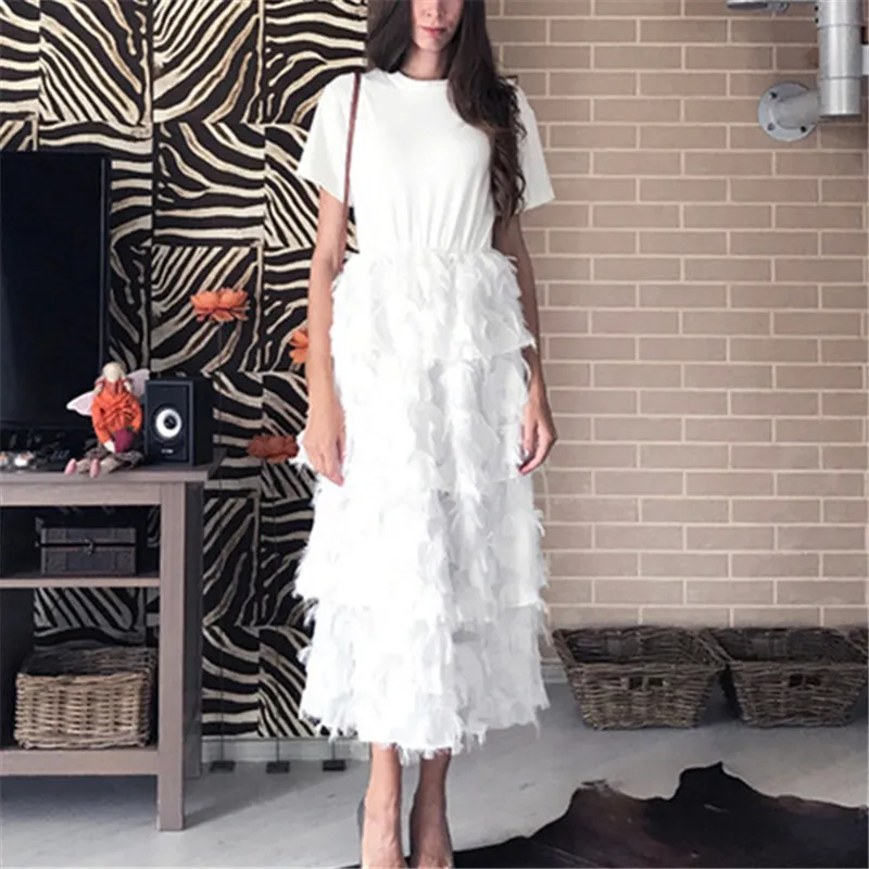 

RUGOD 2021 Fashion T-shirt Patchwork Style Cake Dress Women Slim Feather Tassel Dress White Black Long Party Dresses Vestidos