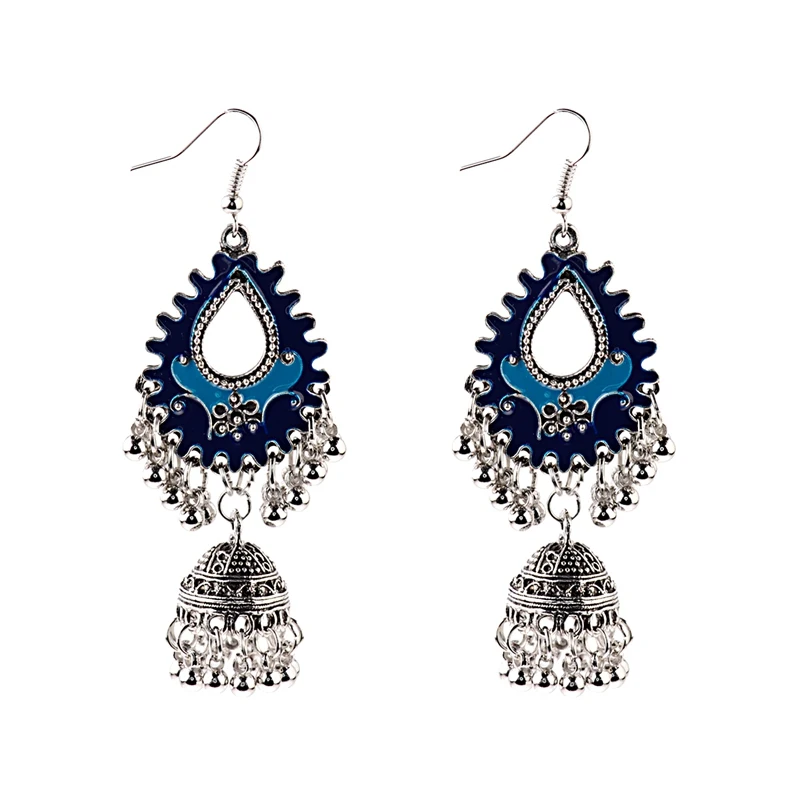 HXE075-3 TopHanqi индийские цыганские украшения Jhumka, серебряные, Boho, винтажные Этнические женские серьги, полые Висячие серьги для женщин - Окраска металла: HXE075-3