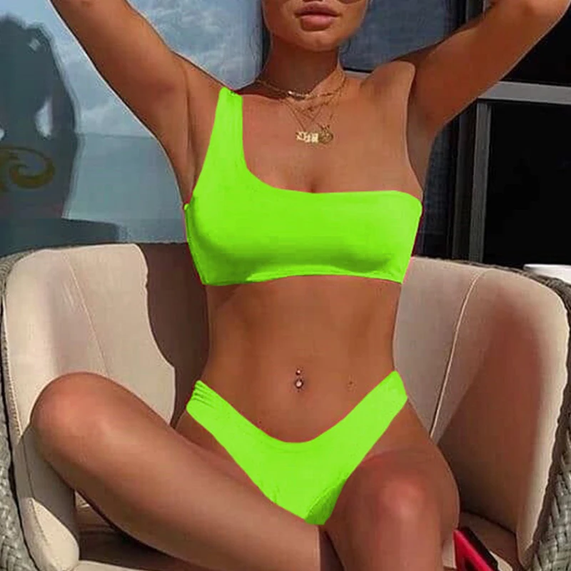 Купальник на одно плечо 2019 женское бикини неоново зеленый женский купальный