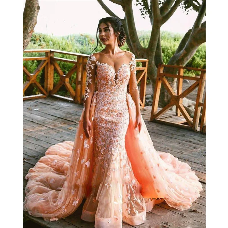 

Sexy Mermaid Prom Gowns 2018 Fashion Illusion Long Sleeves Evening Gowns Detachable Train Appliqued Party Dresses Vestido Longo