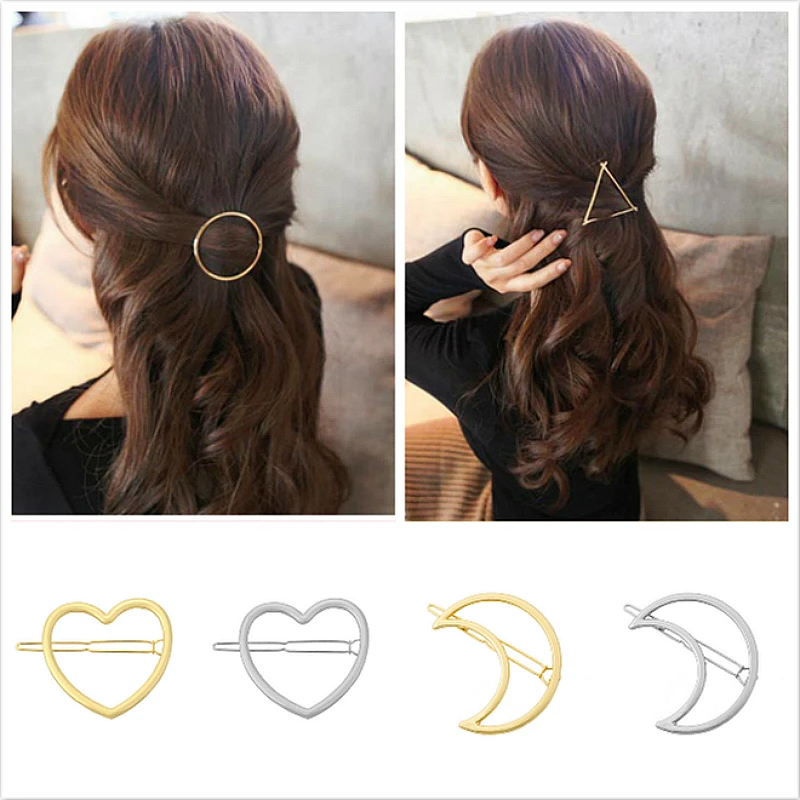 

MuHan New Fashion Women Girls Gold/Silver Plated Metal Triangle Circle Moon Heart Hair Clips Hairpins Holder Hair Accessories