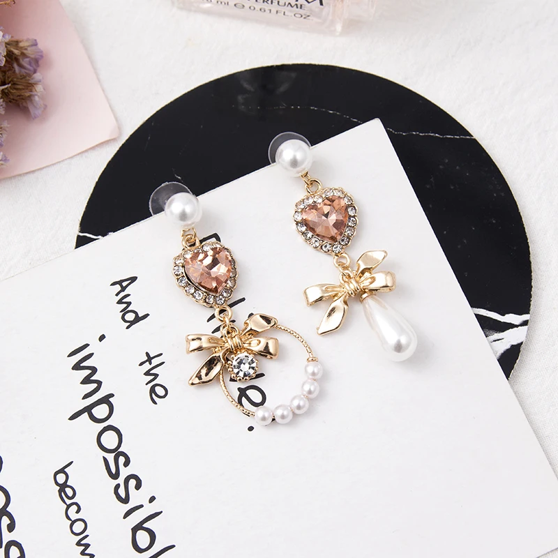 Модные серьги с бантом и сердечком из горного хрусталя геометрический дизайн