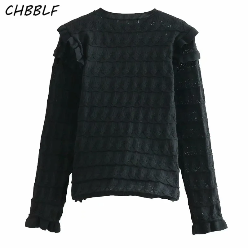 CHBBLF женский базовый черный белый вязаный свитер короткий стиль оборки