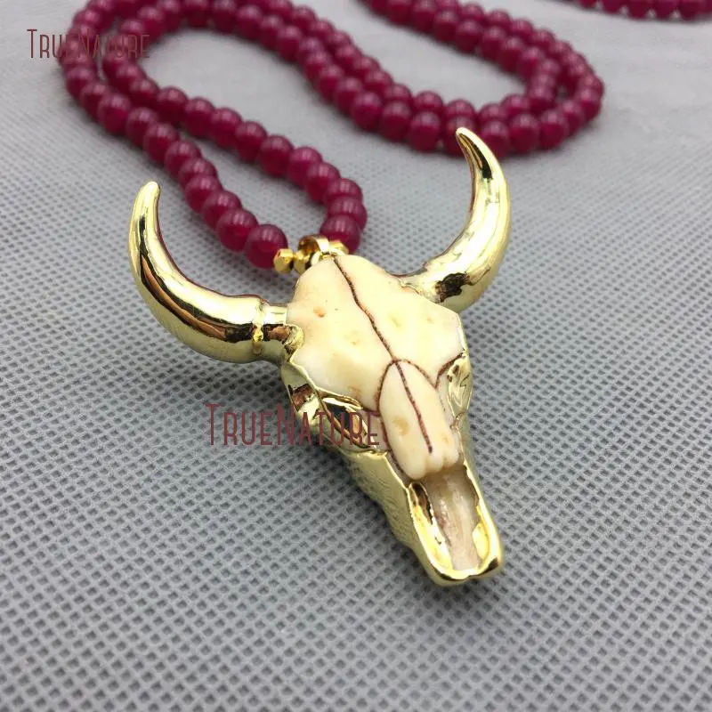 

Bohemian Resin Ox Buffalo Charm Jewelry Red Jades Hand Making Long Necklace Gold Electroplated Pendant In 32 Inch NM4305