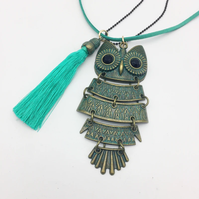 For women long necklaces&amppendants vintage green owl charms necklaces with black fringe boho jewelry ethnic bohemia femme | Украшения и