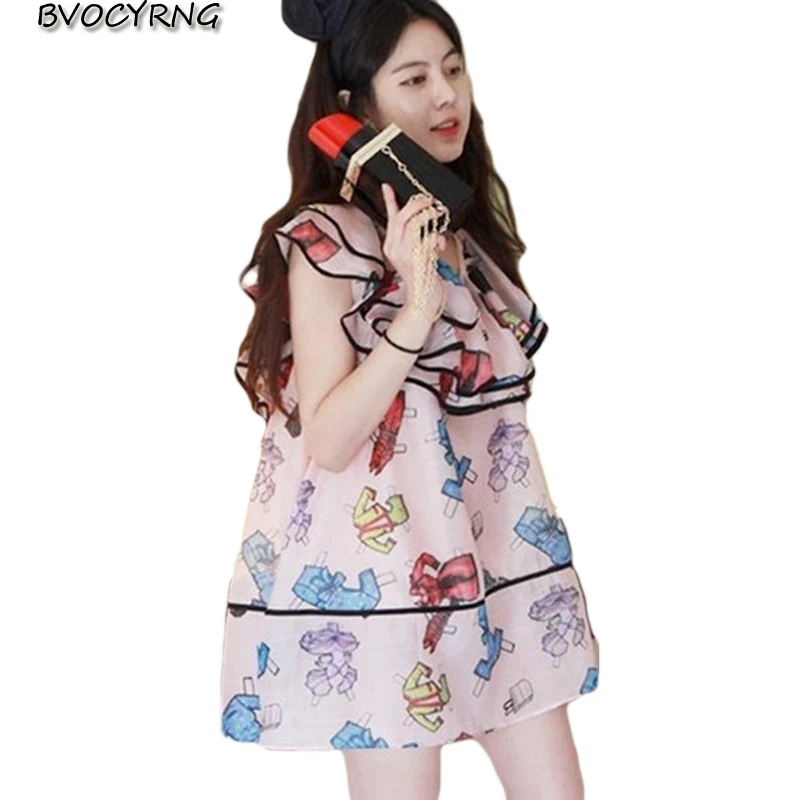 Женская рубашка без рукавов с V-образным вырезом платья оборками принтом летнее