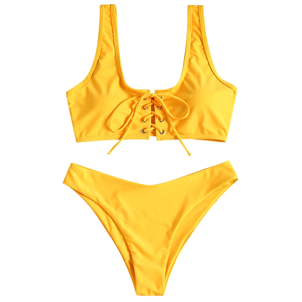 Bright Yellow ZAFUL Кружевной Бикини Комплект Купальники Шеи Мягкий Купальник Женщины Твердые Основной Купальный Костюм Сексуальный Купальный Костюм Отжимание - Цвет: Bright Yellow