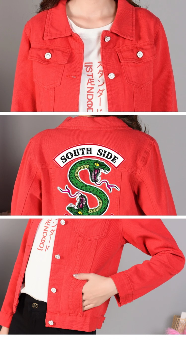 Ривердейл новая джинсовая куртка "South Side serpents" уличная топы, джинсы на весну, Для женщин Куртка Harajuku модные джинсовые Костюмы женский