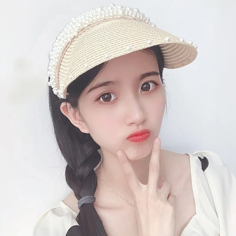Summer Women Pearl Headband Hat Raffia Visor Caps For Girls Beach Hats Braided Fashion Cap Lady Summer Straw Sun Hat New