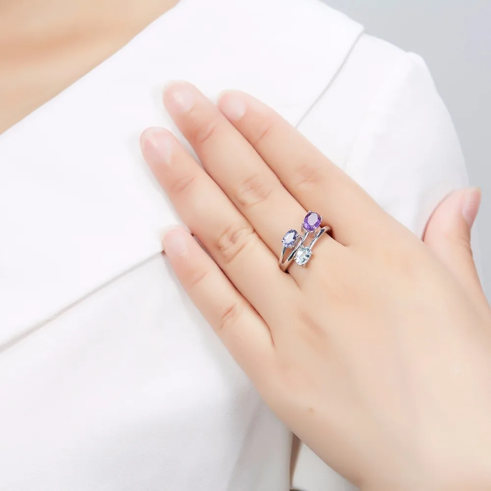 

Hutang Aquamarine Rings 925 Sterling Silver Natural Amethyst Iolite Gemstones Engagement Ring for Women's Best Gift Fine Jewelry
