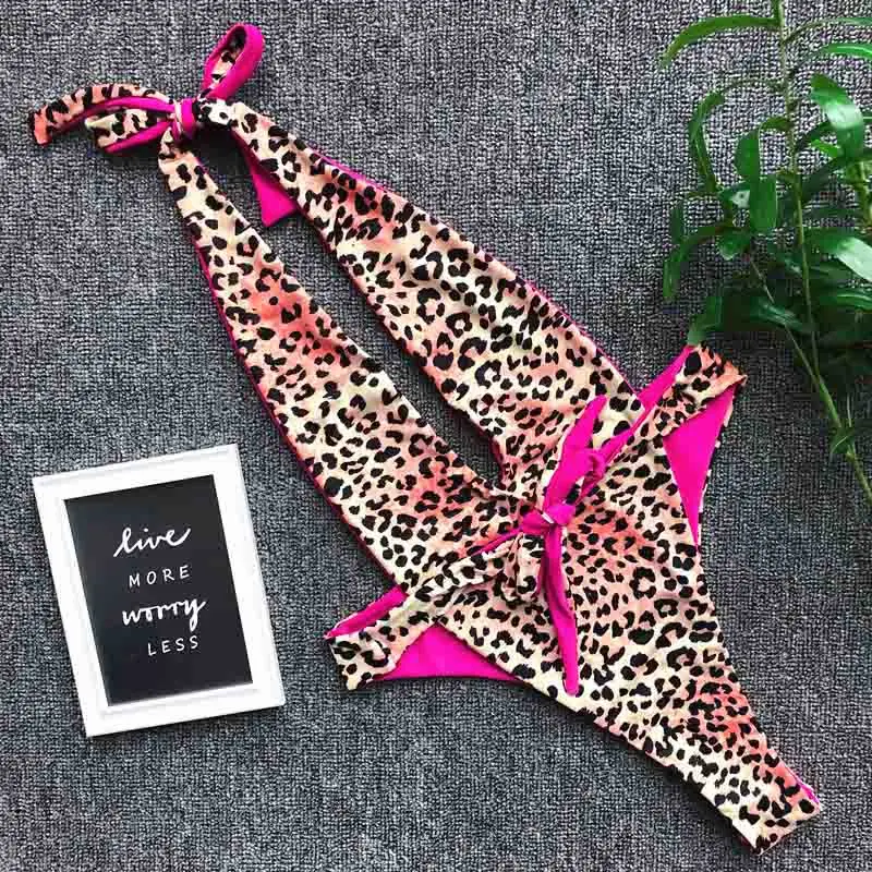 leopard Сексуальный леопардовый купальник женский купальник Цельный купальник с открытой спиной для женщин Холтер бантик высокий Вырез Купальники Монокини - Цвет: leopard