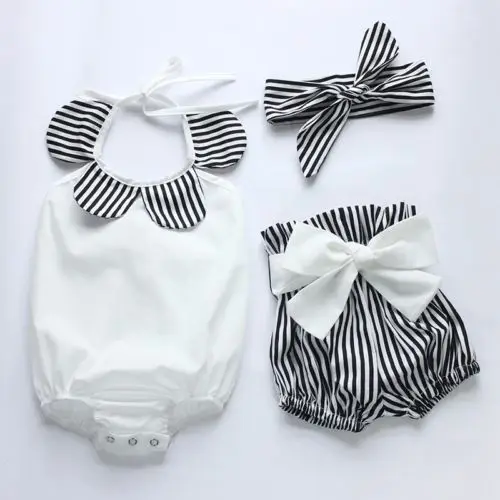 3pcs New Kids Baby Girl clothes strap sleeveless striped Romper+Striped Shorts+headband Outfits Set | Мать и ребенок