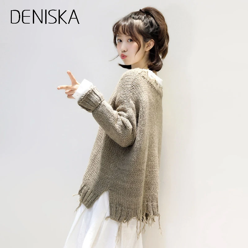 DENISKA 2018 Women Autumn Winter Knitted Distressed Sweaters Holes Ripped O Neck Loose Female Short Pullovers Femme Kni | Женская одежда
