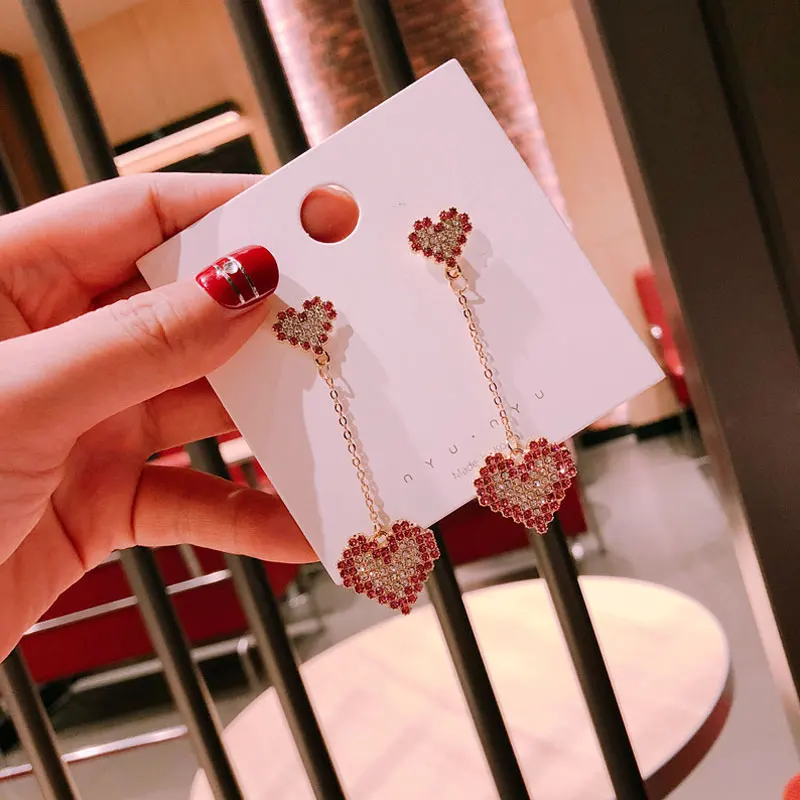 Корейские модные красные серьги-стразы женские милые длинные серьги с