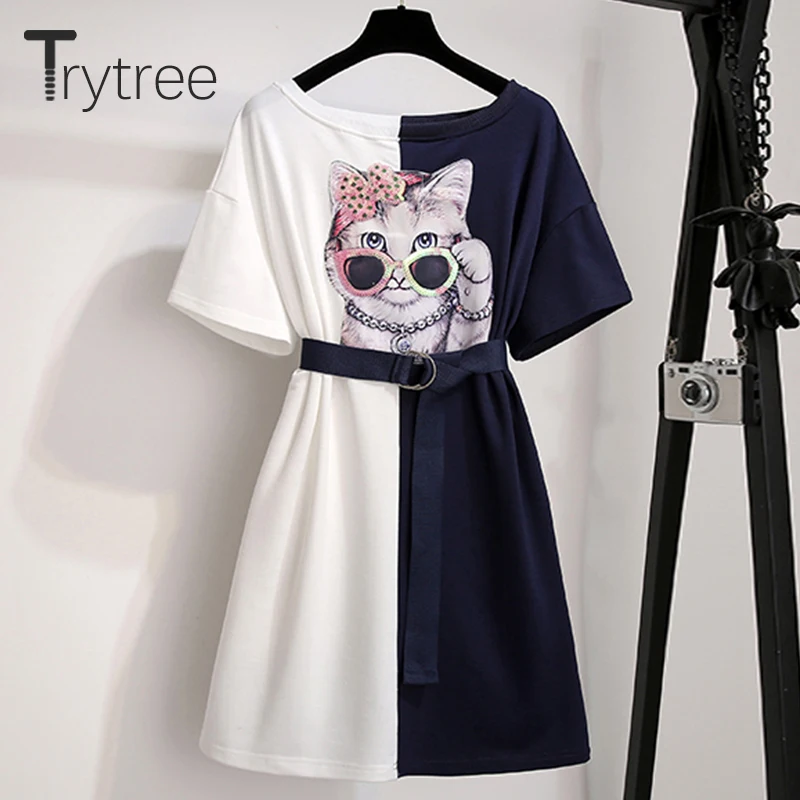 Trytree 2020 Summer Women Dress Casual Sequined Print Cat O-Neck Mini T shirt dresses Cotton Polyester Belt Loose Straight | Женская