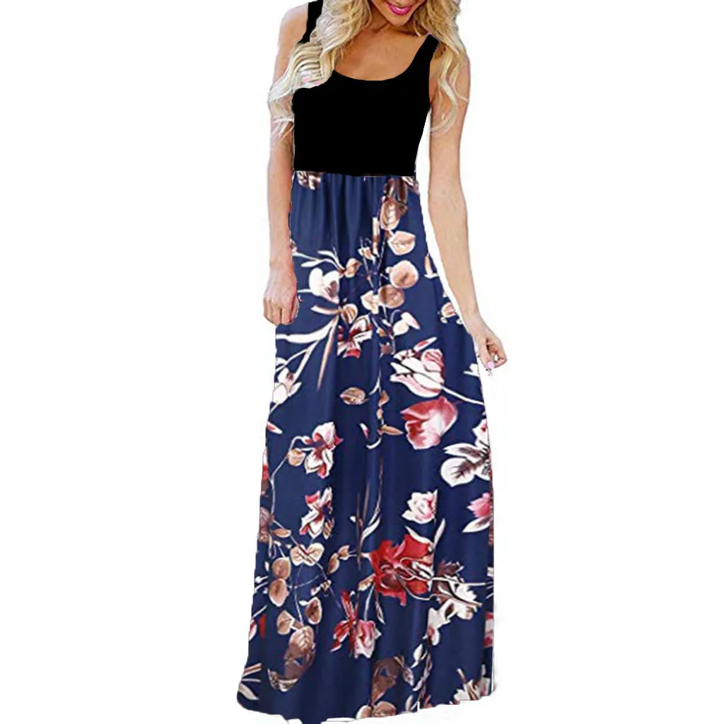 Women's Fashion Casual Sleeveless O-neck Print Maxi Tank Long Dress Summer Women Bohemian Floor-Length Slim G0417#20 | Женская