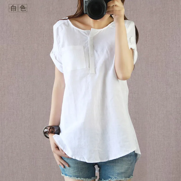 

2016 Summer Women's Casual Linen Fabric Shirts Short sleeve O-neck solid color Large size Loose Shirt Hot sale