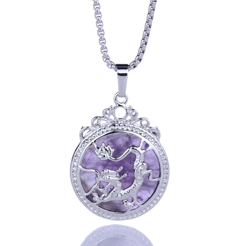 

Natural Purple Amethyst Quartz Crystal Tumbled Chakra Reiki Healing Stones Round Shape Dragon Pattern Pendant Diy Necklace