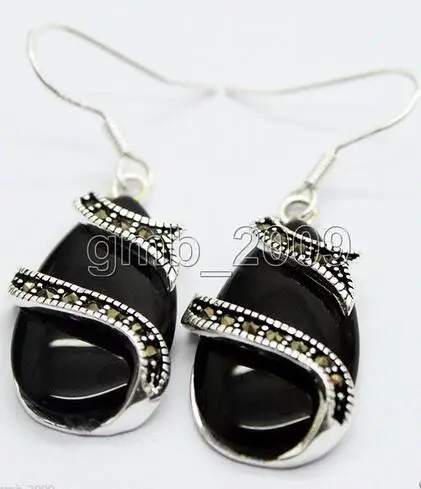 

Selling Jewelry>>Hot Sale Lady's Fashion 13*25mm Natural Black Natural 925 Sterling Silver & Marcasite Earrings -Bride jewelry