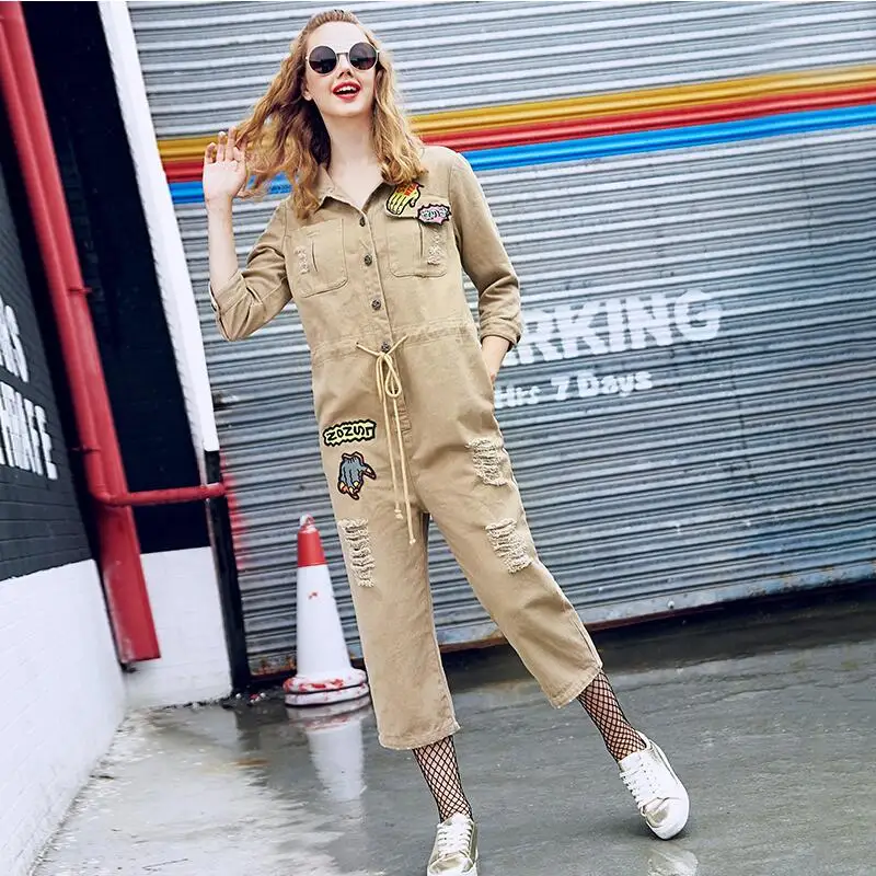 Новинка 2017 Осенняя мода патч вышивка джинсовые комбинезоны женские свободные
