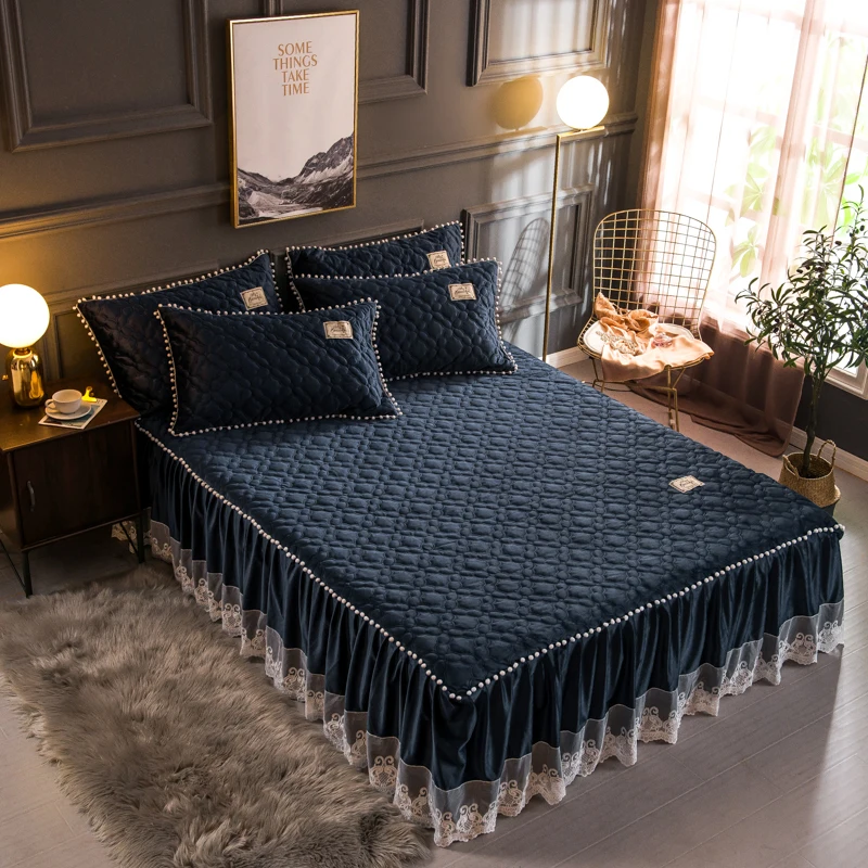 Russian size 160X200cm Plush Warm Bedskirt Bed set Flannel Fleece Quilted Ruffled Lace Girls with Small White Ball cover | Дом и сад